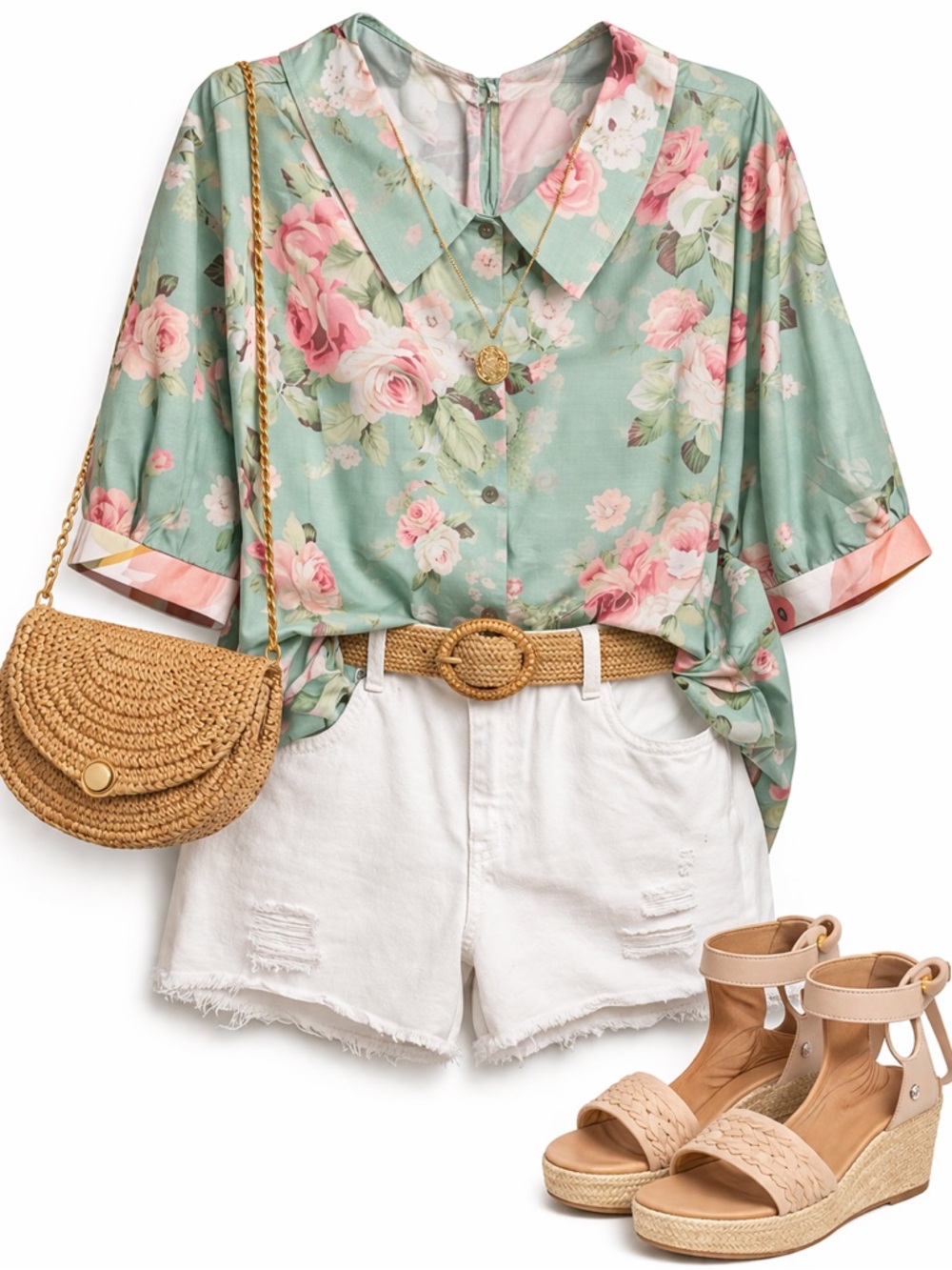 Vintage Floral Collar Shirt - Mint with Pink Roses